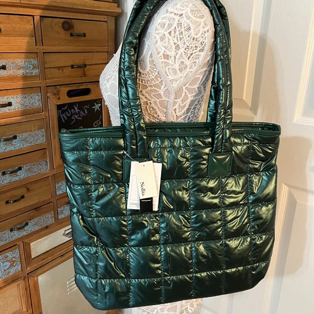 Quilted Puffer Tote - Shiny Deep Green - Double Handle- XL- Lightweight -NWT